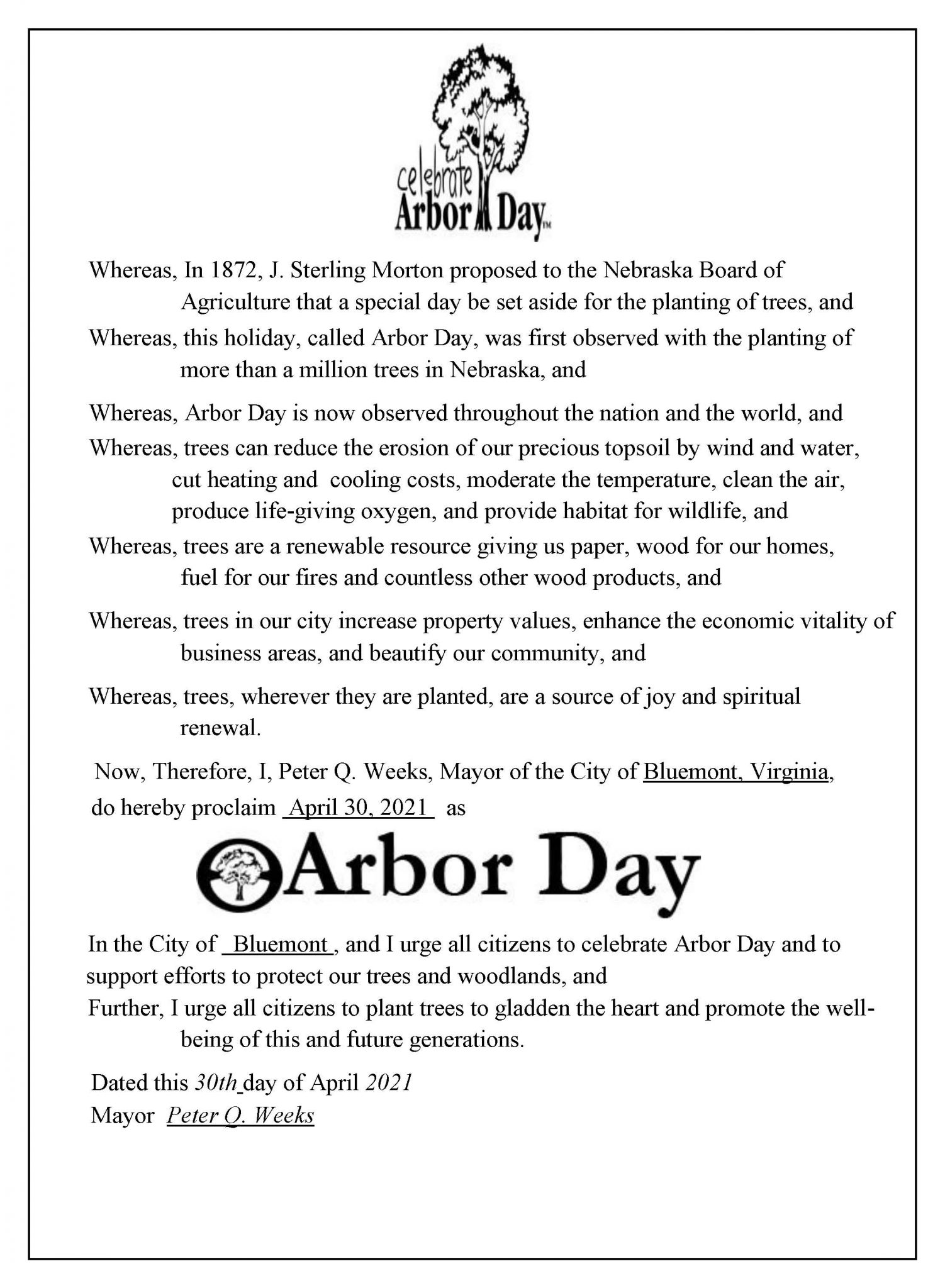 2021 Arbor Day Proclamation and Celebration Village of Bluemont, Virginia